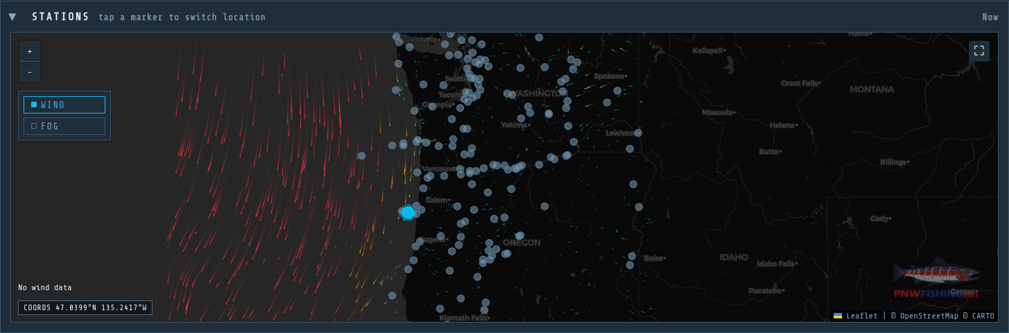Animated wind forecast map with station markers across the Pacific Northwest